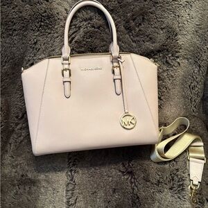 Michael Kors Pink Saffiano Satchel with Gold Hardware